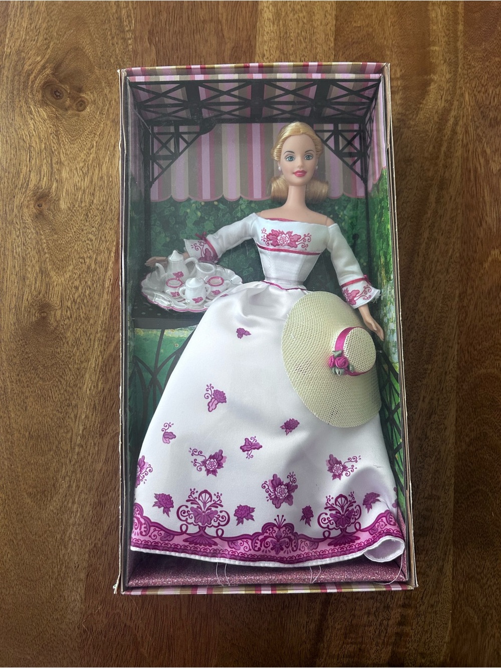 White Doll Gown with Pink Floral Embroidery and Straw Hat
